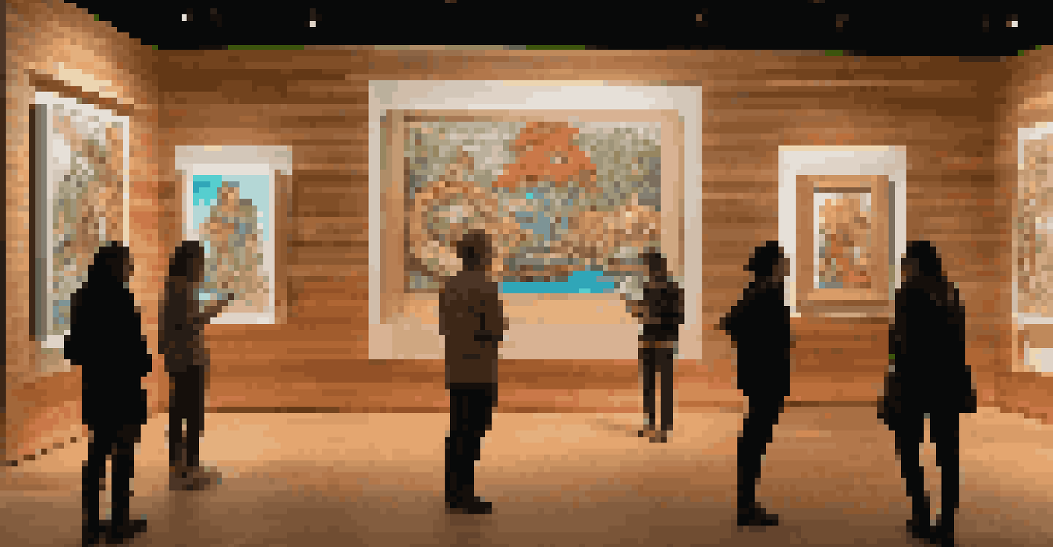 A modern art installation featuring digital screens and traditional wooden carvings, set in a contemporary gallery illuminated by dramatic lighting.