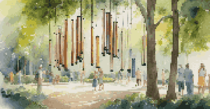 An outdoor sound installation with colorful wind chimes in a green garden, with sunlight creating shadows as visitors interact with the chimes.