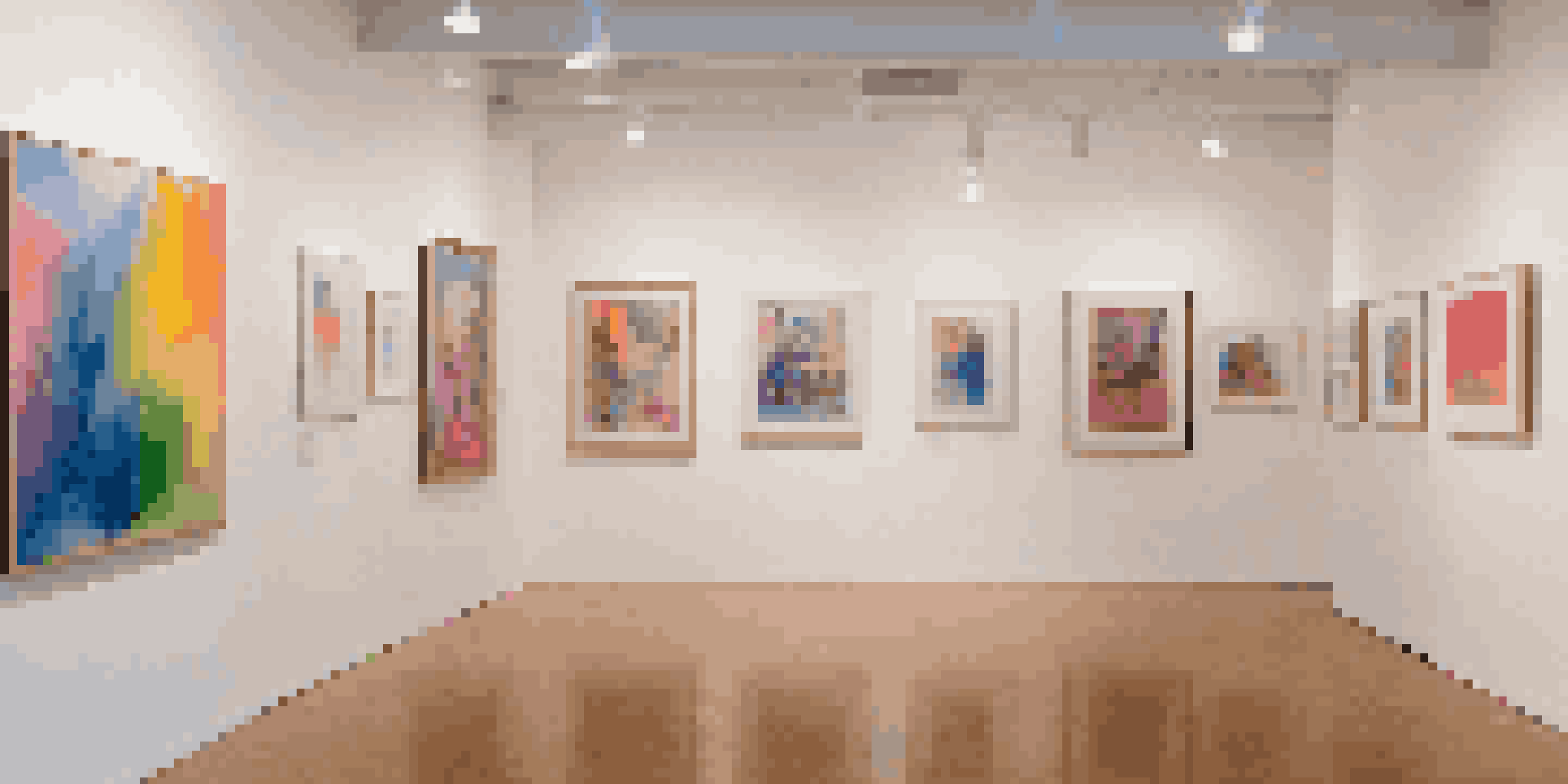A colorful art gallery with diverse artworks exploring gender identity, featuring engaged viewers in a warm and inviting atmosphere.