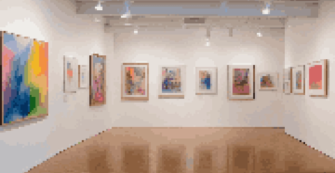 A colorful art gallery with diverse artworks exploring gender identity, featuring engaged viewers in a warm and inviting atmosphere.