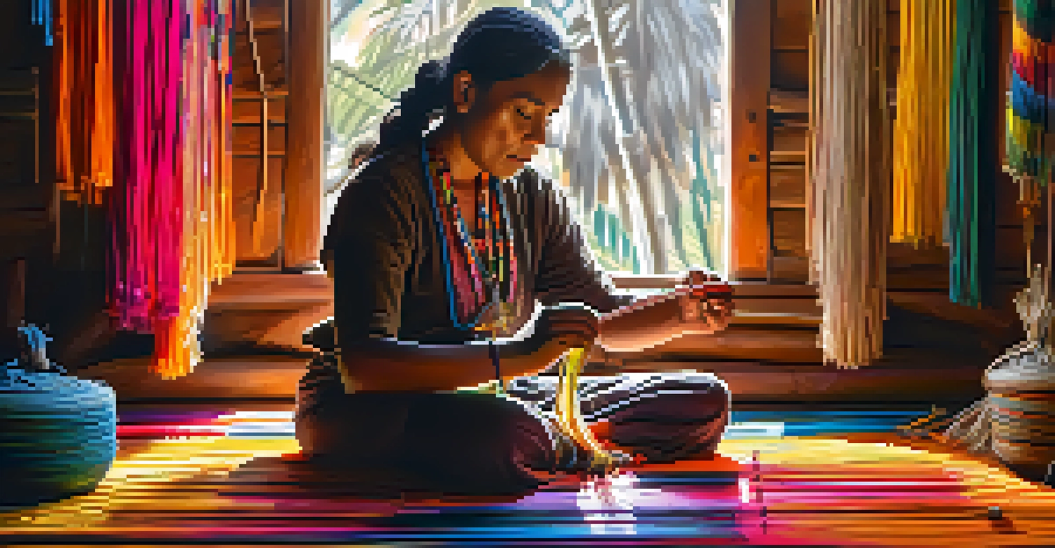 An Indigenous artist weaving a colorful textile in a sunlit room filled with vibrant threads and natural materials.
