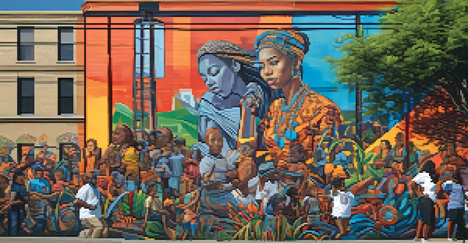 A colorful mural on a city wall illustrating a message of social change, surrounded by urban elements.