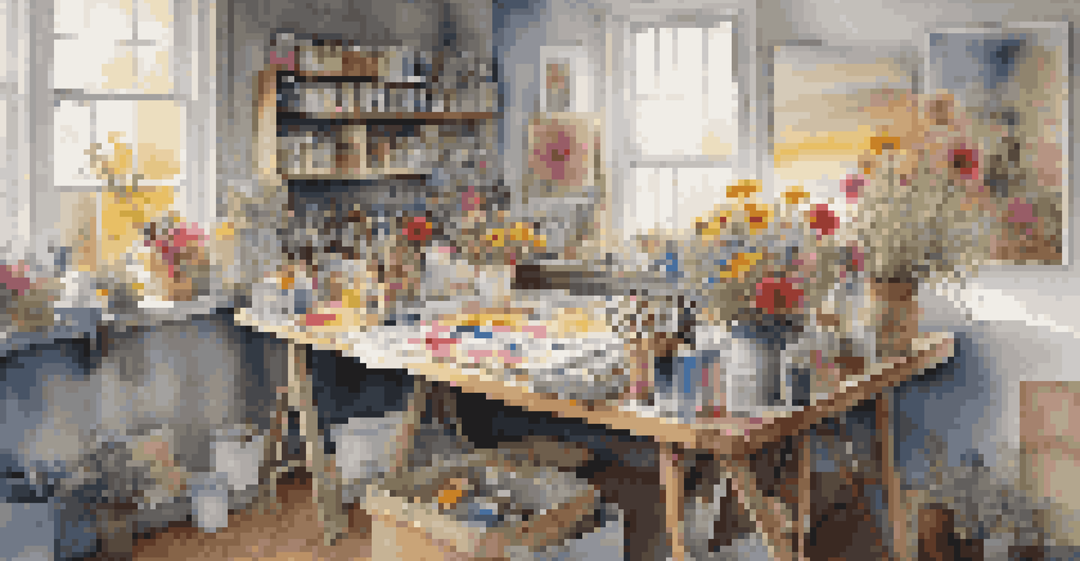 An artist's studio with natural light, showcasing a canvas with a flower painting and art supplies on a wooden table.