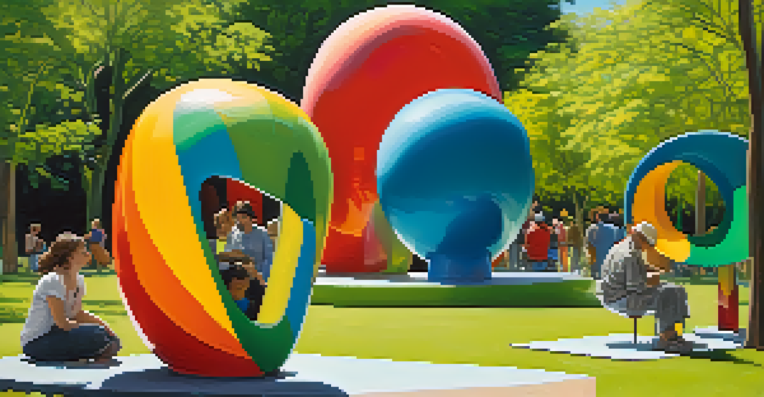 A colorful outdoor art installation in a park with people interacting and enjoying the sculptures under a clear blue sky.