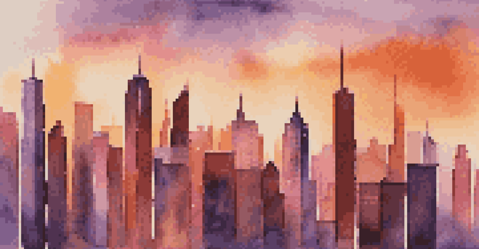An abstract illustration of a city skyline at sunset with colorful hues reflecting off skyscrapers.