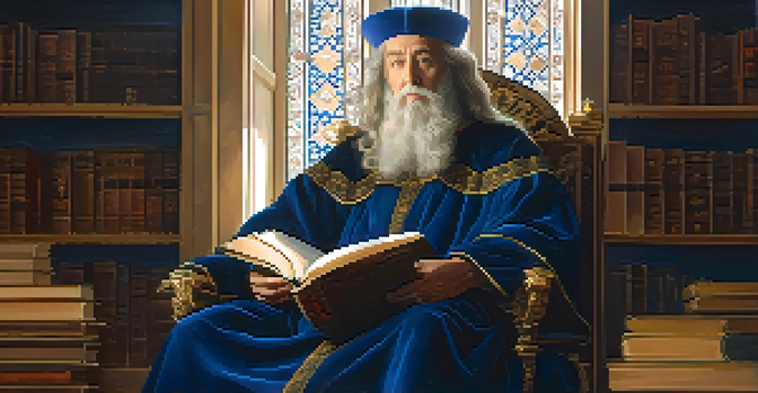 An elderly man in a blue robe seated in an ornate chair, surrounded by books and scrolls, illuminated by soft golden light.