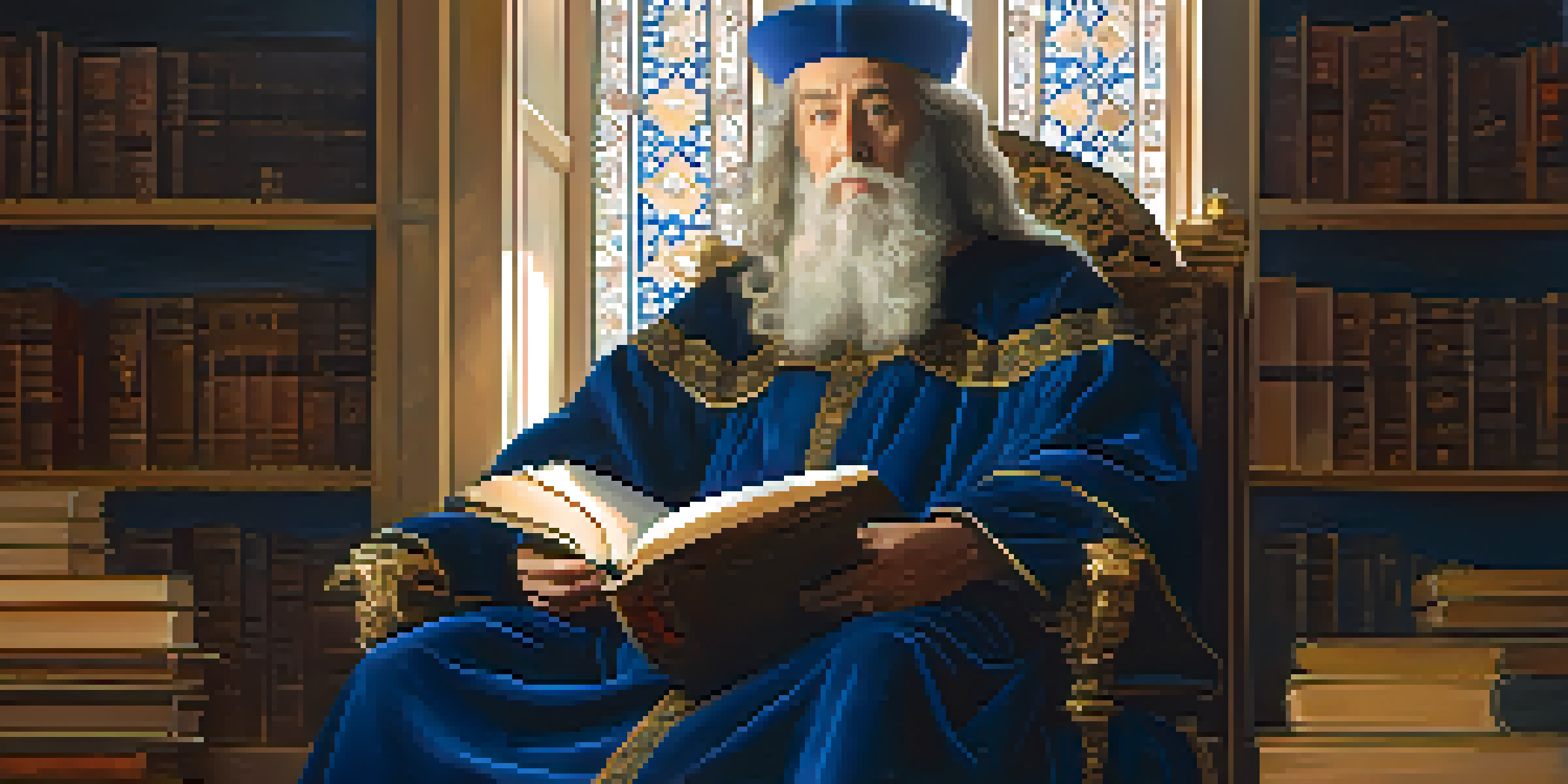 An elderly man in a blue robe seated in an ornate chair, surrounded by books and scrolls, illuminated by soft golden light.