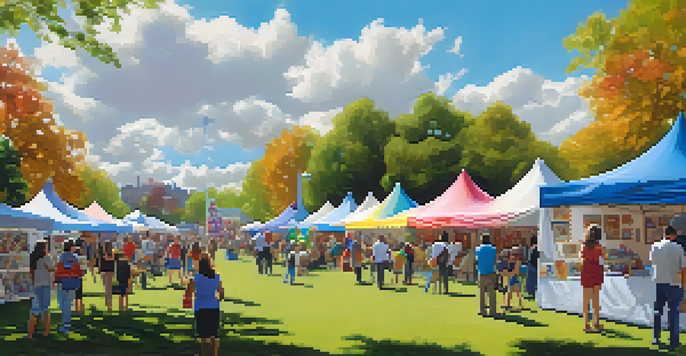 A lively suburban art fair in a park with colorful tents, diverse visitors engaging with artwork, and children participating in workshops under a sunny blue sky.