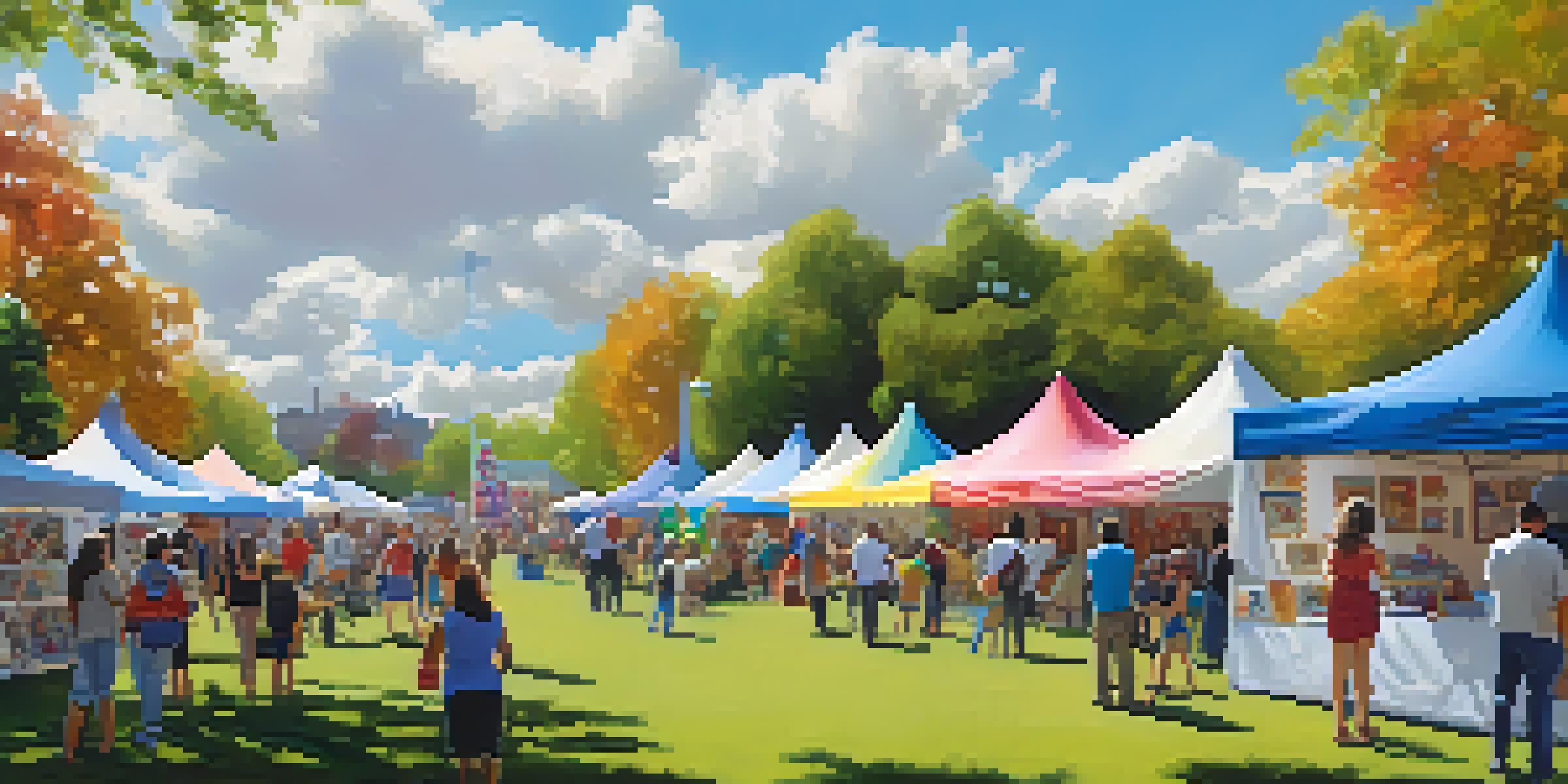 A lively suburban art fair in a park with colorful tents, diverse visitors engaging with artwork, and children participating in workshops under a sunny blue sky.