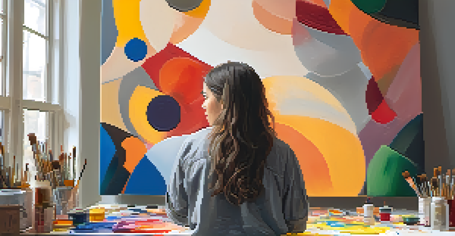 An artist in a bright studio working on a large canvas filled with abstract shapes and vibrant colors, representing self-discovery and emotions.