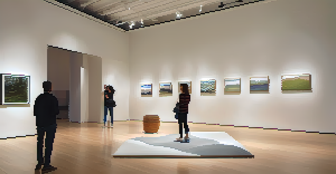 A modern gallery with interactive sound sculptures, softly lit, where visitors engage with the art.