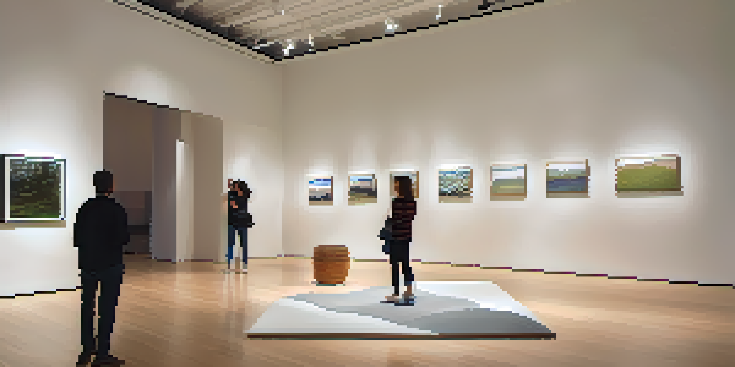 A modern gallery with interactive sound sculptures, softly lit, where visitors engage with the art.