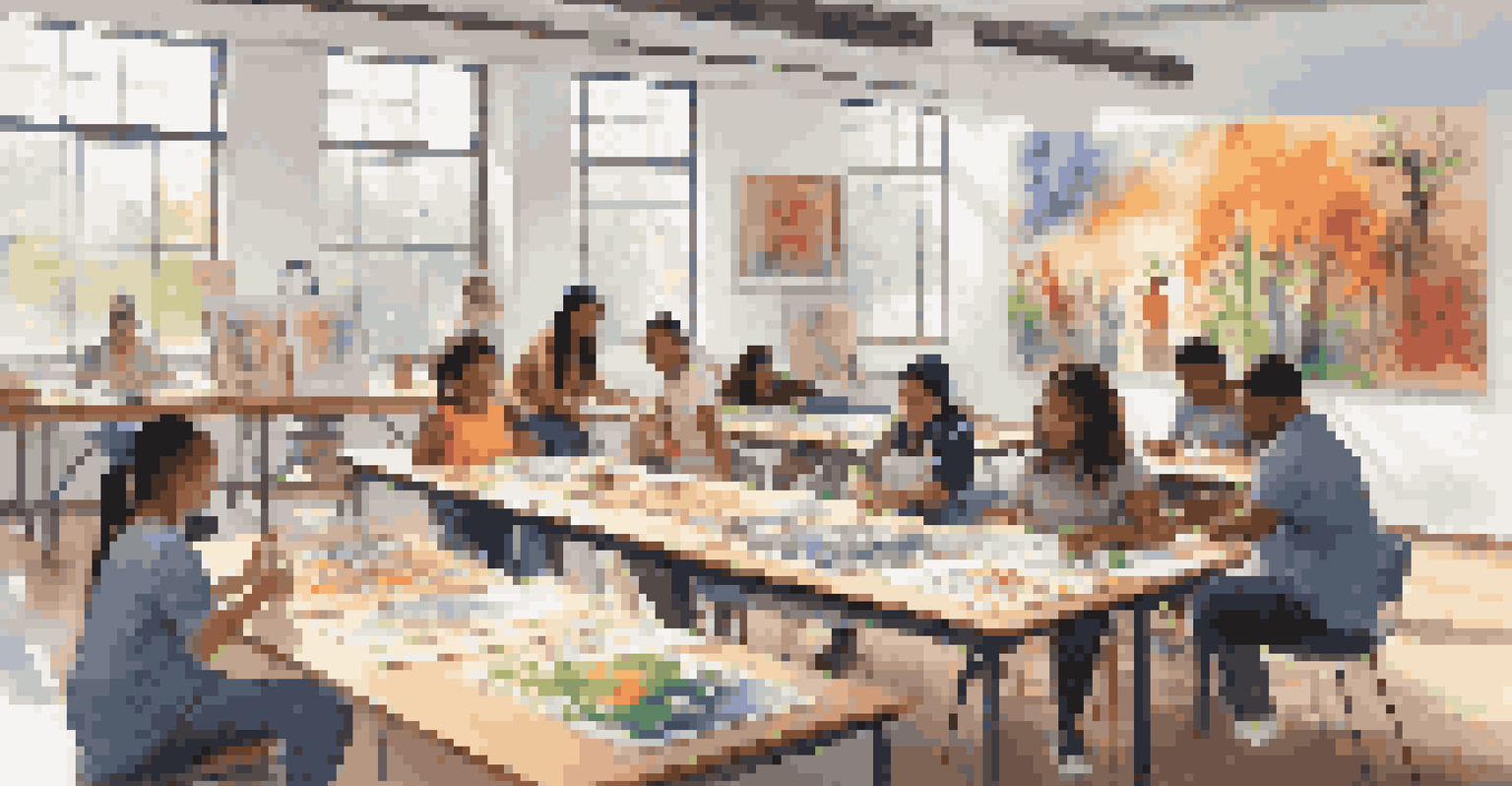 A diverse group of students participating in an art education workshop, creating art together in a lively classroom filled with colorful artworks.