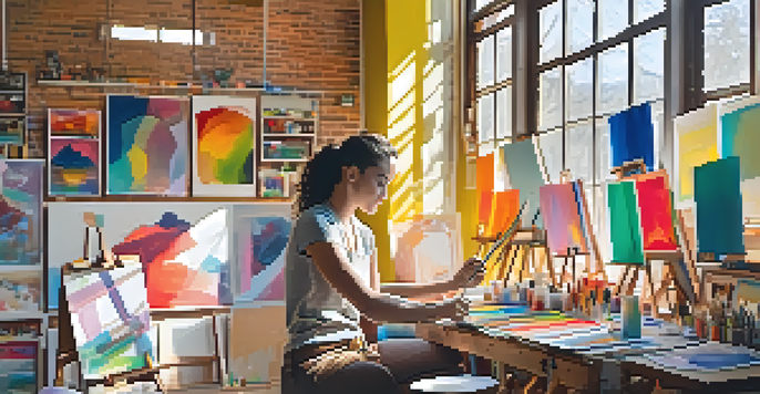 An art studio with colorful paintings on the walls and an artist painting a large canvas, illuminated by sunlight.