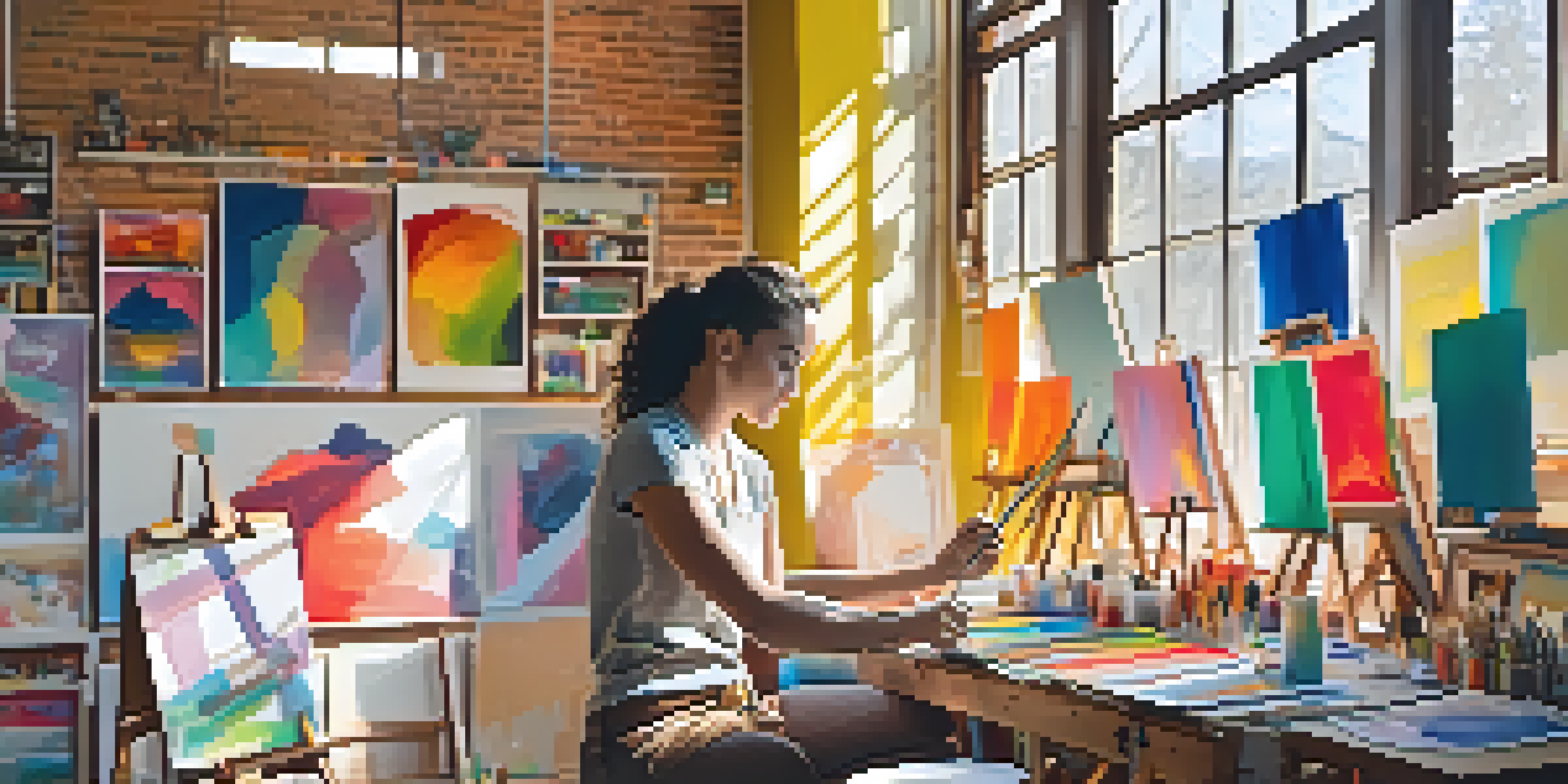 An art studio with colorful paintings on the walls and an artist painting a large canvas, illuminated by sunlight.