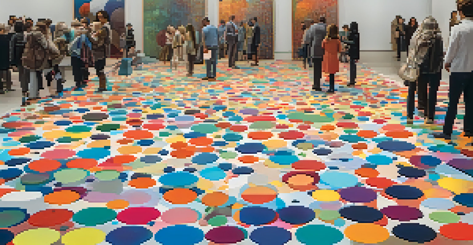 An abstract installation of colorful polka dots in a public space with people interacting with the art.