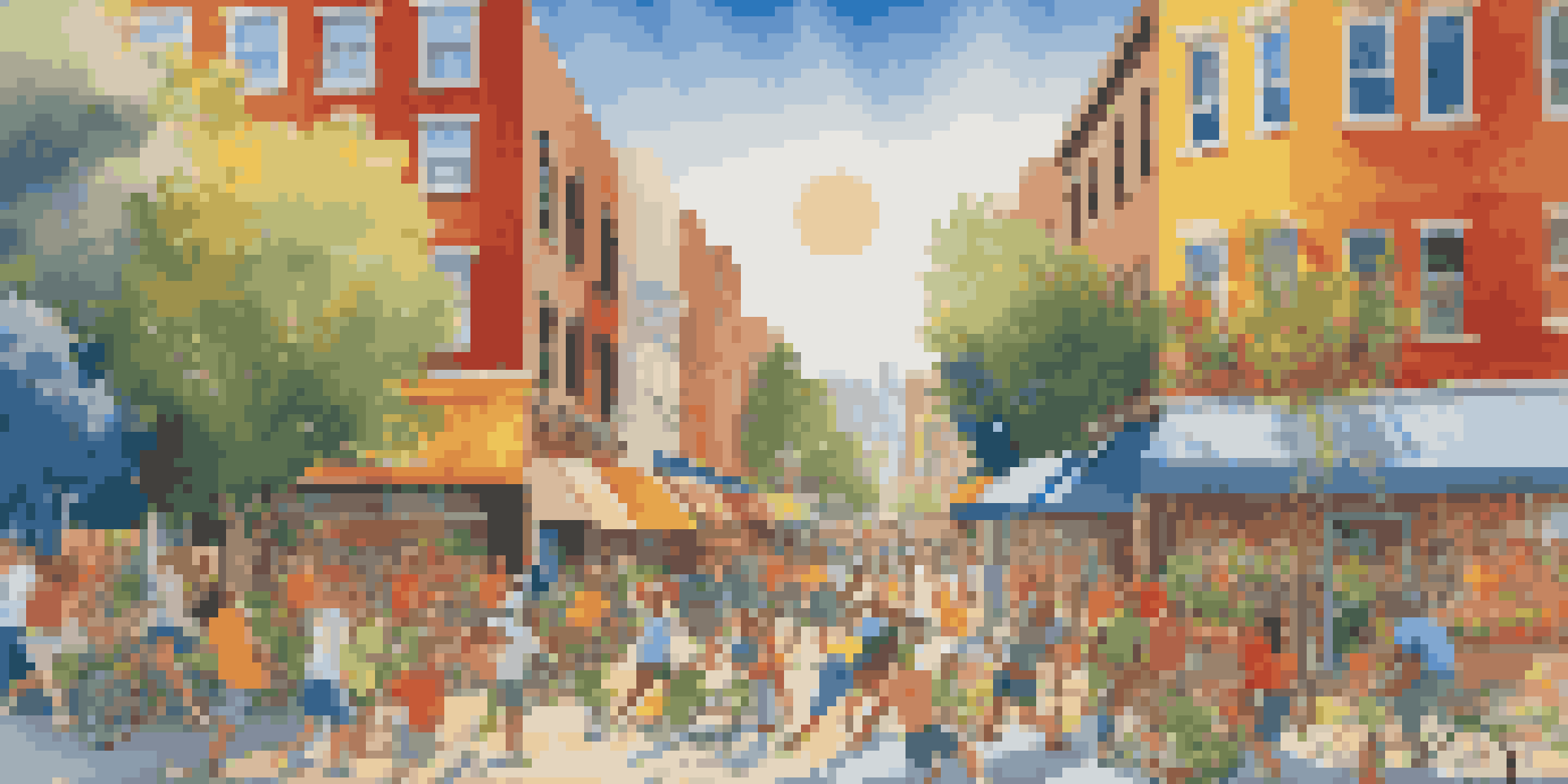 A colorful city mural featuring fruits, vegetables, and people exercising, under a bright blue sky.