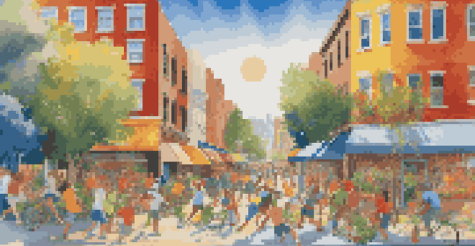 A colorful city mural featuring fruits, vegetables, and people exercising, under a bright blue sky.