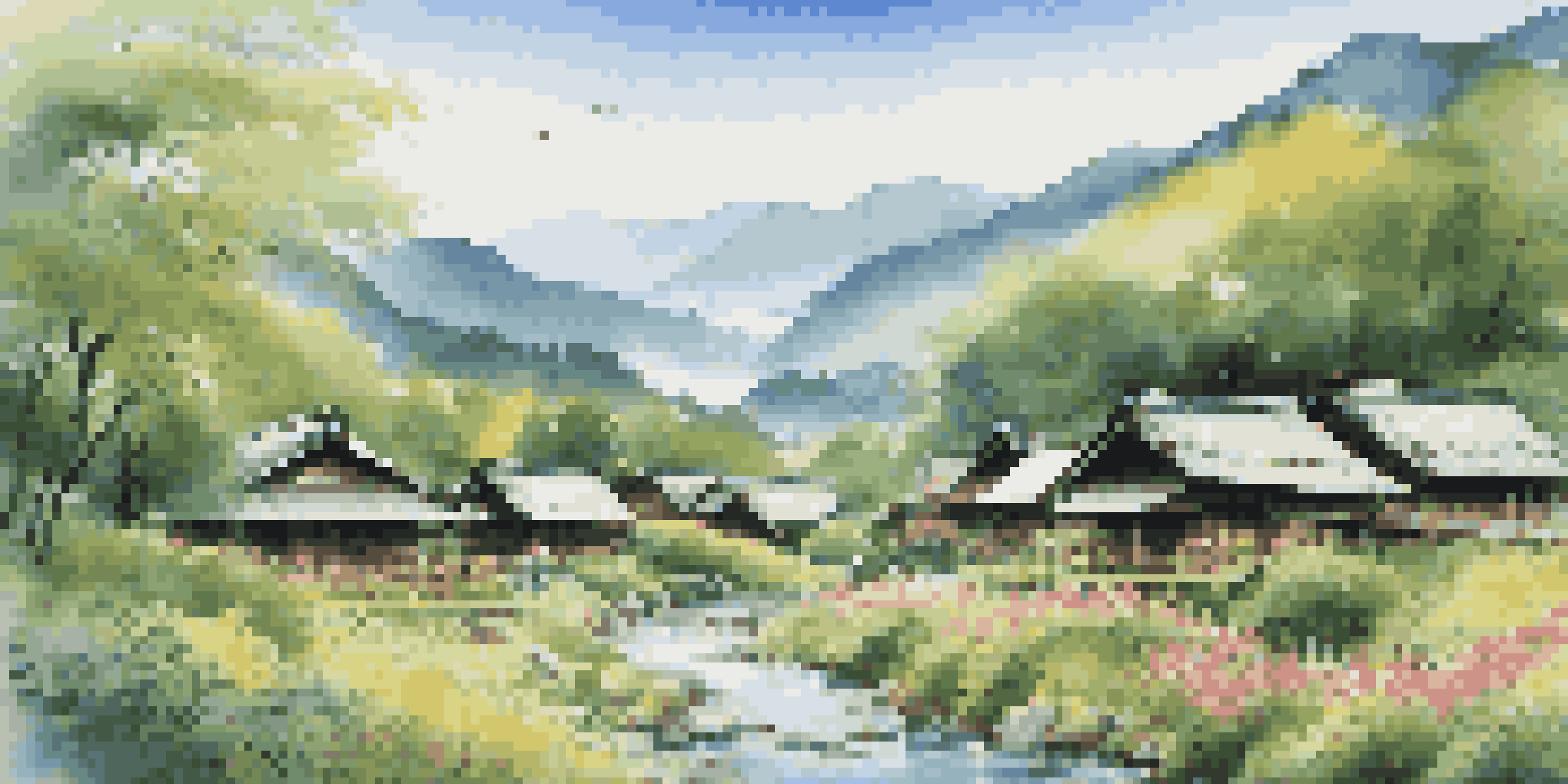 A peaceful landscape with traditional Ainu wooden houses, green forests, and a flowing river under a blue sky.