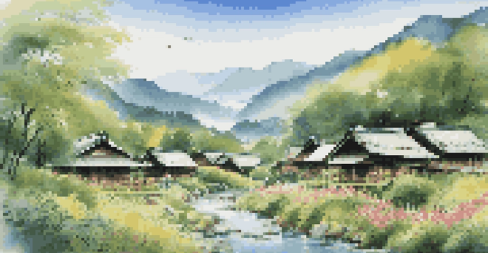 A peaceful landscape with traditional Ainu wooden houses, green forests, and a flowing river under a blue sky.