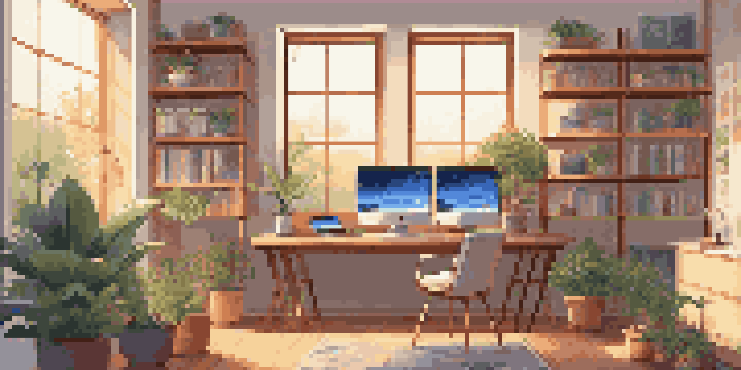 A bright and inviting digital art workspace with multiple screens displaying colorful artworks, surrounded by art books and plants.