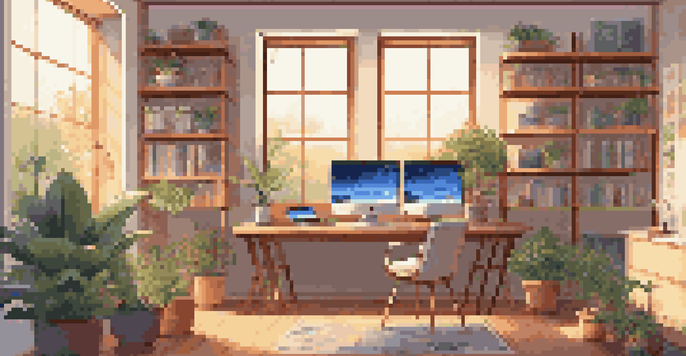 A bright and inviting digital art workspace with multiple screens displaying colorful artworks, surrounded by art books and plants.