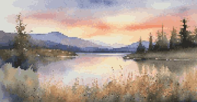 A peaceful landscape with a lake reflecting a sunset, surrounded by colorful wildflowers and distant mountains.