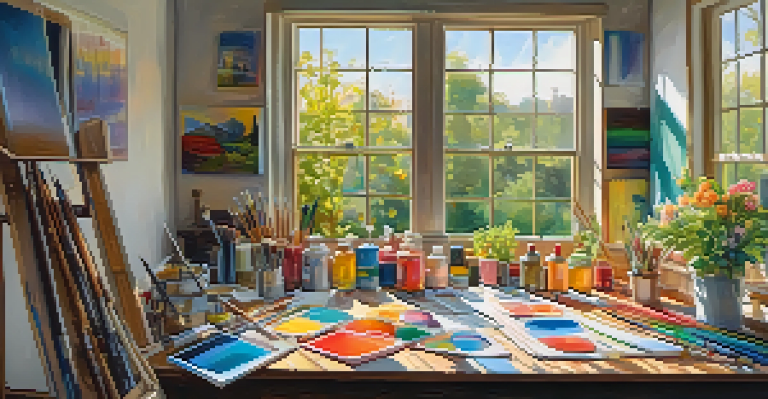 An artist's studio with colorful canvases and paint tubes, sunlight illuminating the space.