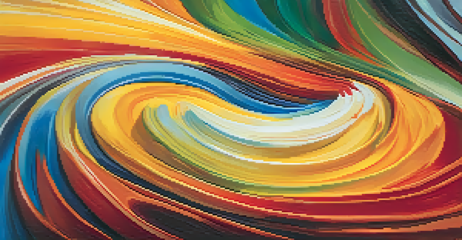 An abstract artwork with swirling warm and cool colors creating a sense of energy and emotion.