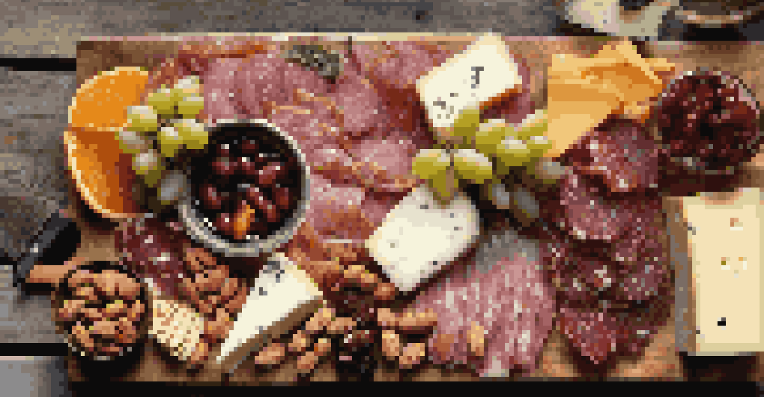 An overhead view of a colorful charcuterie board with cheeses, meats, nuts, and fruits arranged artfully.