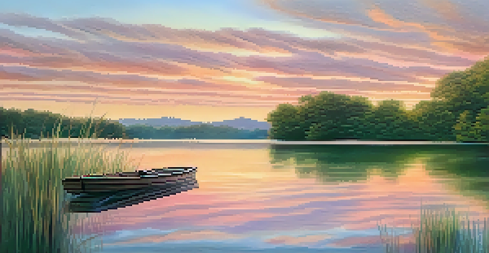 A watercolor painting of a tranquil lake at sunset, surrounded by trees and a small boat.