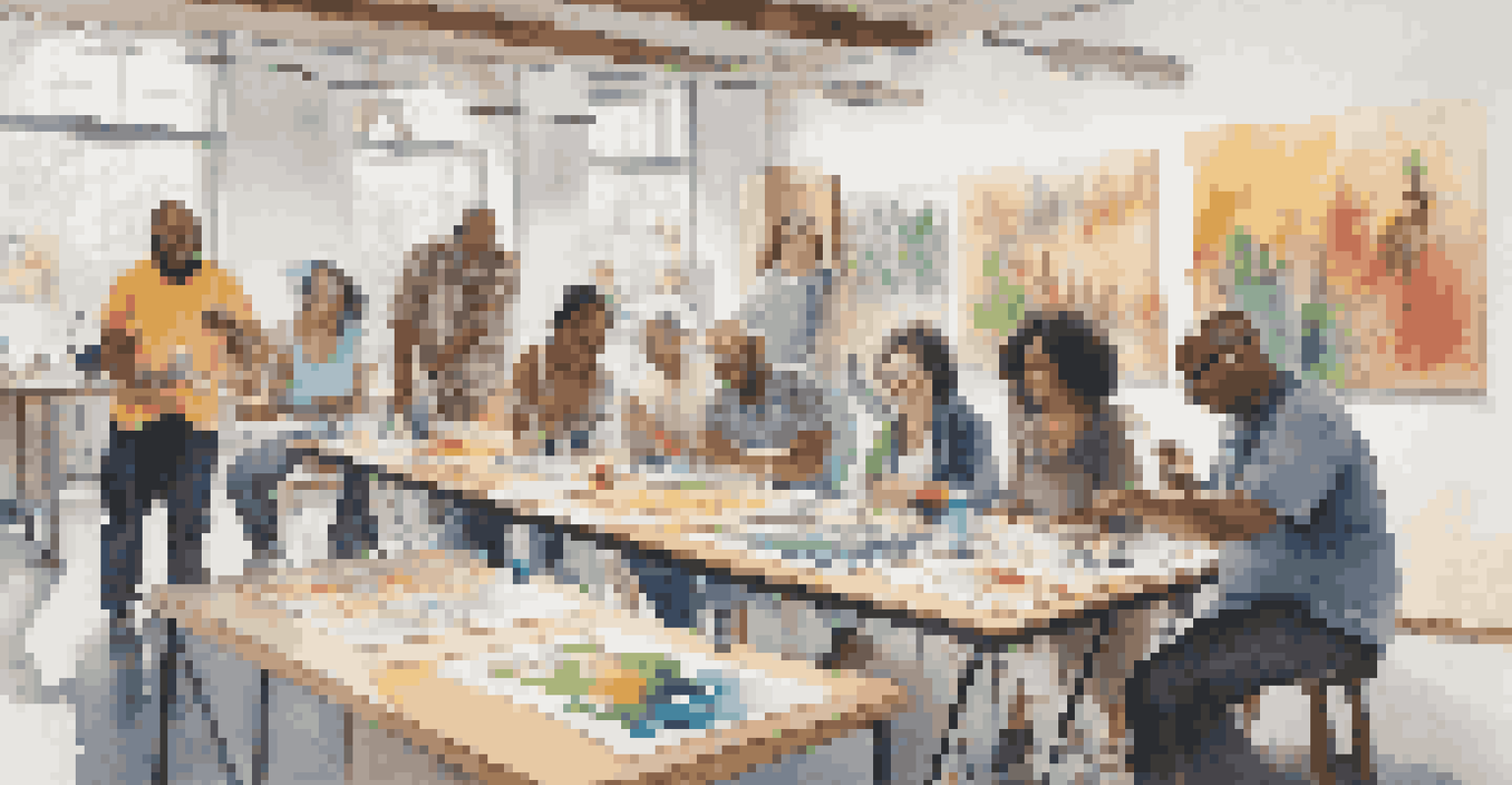 A vibrant community workshop with diverse artists collaborating on various art projects, filled with colorful artworks and a joyful atmosphere.
