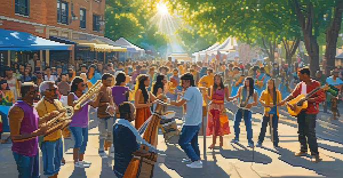 A lively street festival showcasing musicians from different cultures performing together, surrounded by colorful banners and a joyful crowd.