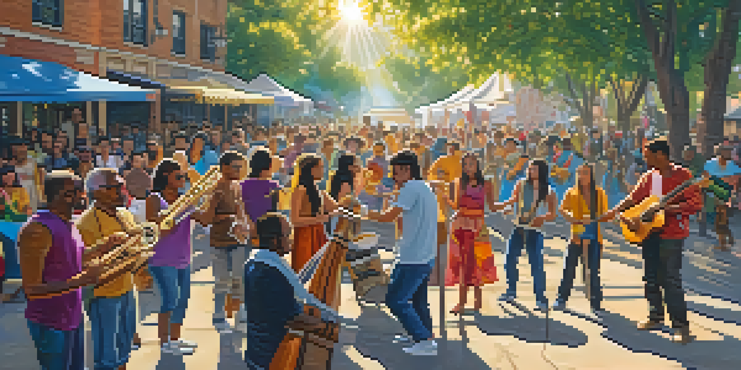 A lively street festival showcasing musicians from different cultures performing together, surrounded by colorful banners and a joyful crowd.
