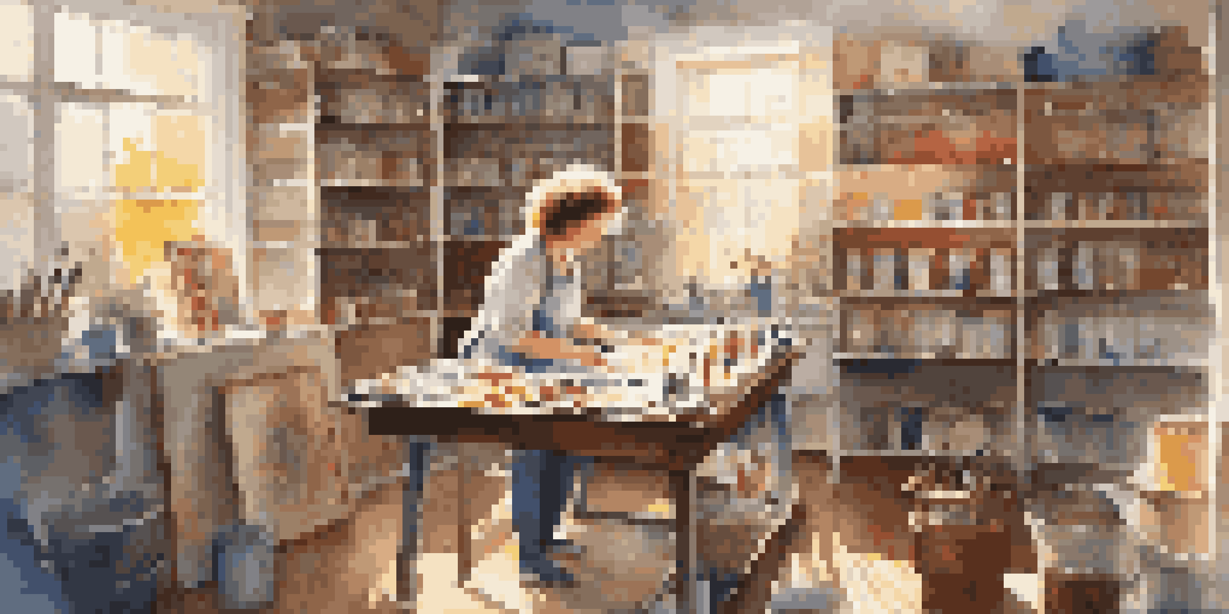 An artist painting in a bright, inviting studio filled with art supplies and natural light.
