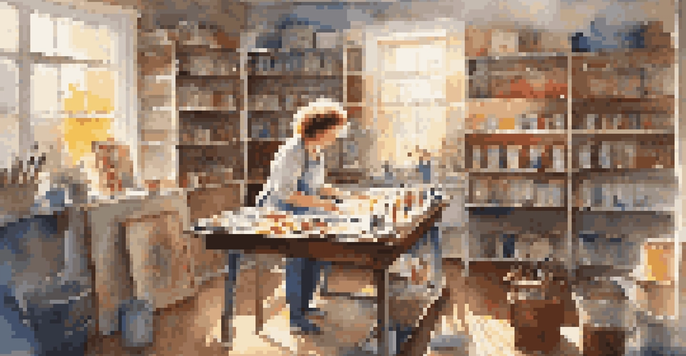 An artist painting in a bright, inviting studio filled with art supplies and natural light.