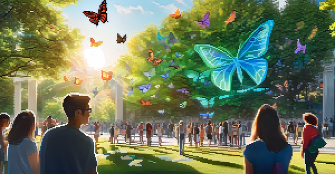 A lively urban park with people interacting with augmented reality art featuring colorful butterflies and a mural, illuminated by sunlight filtering through trees.