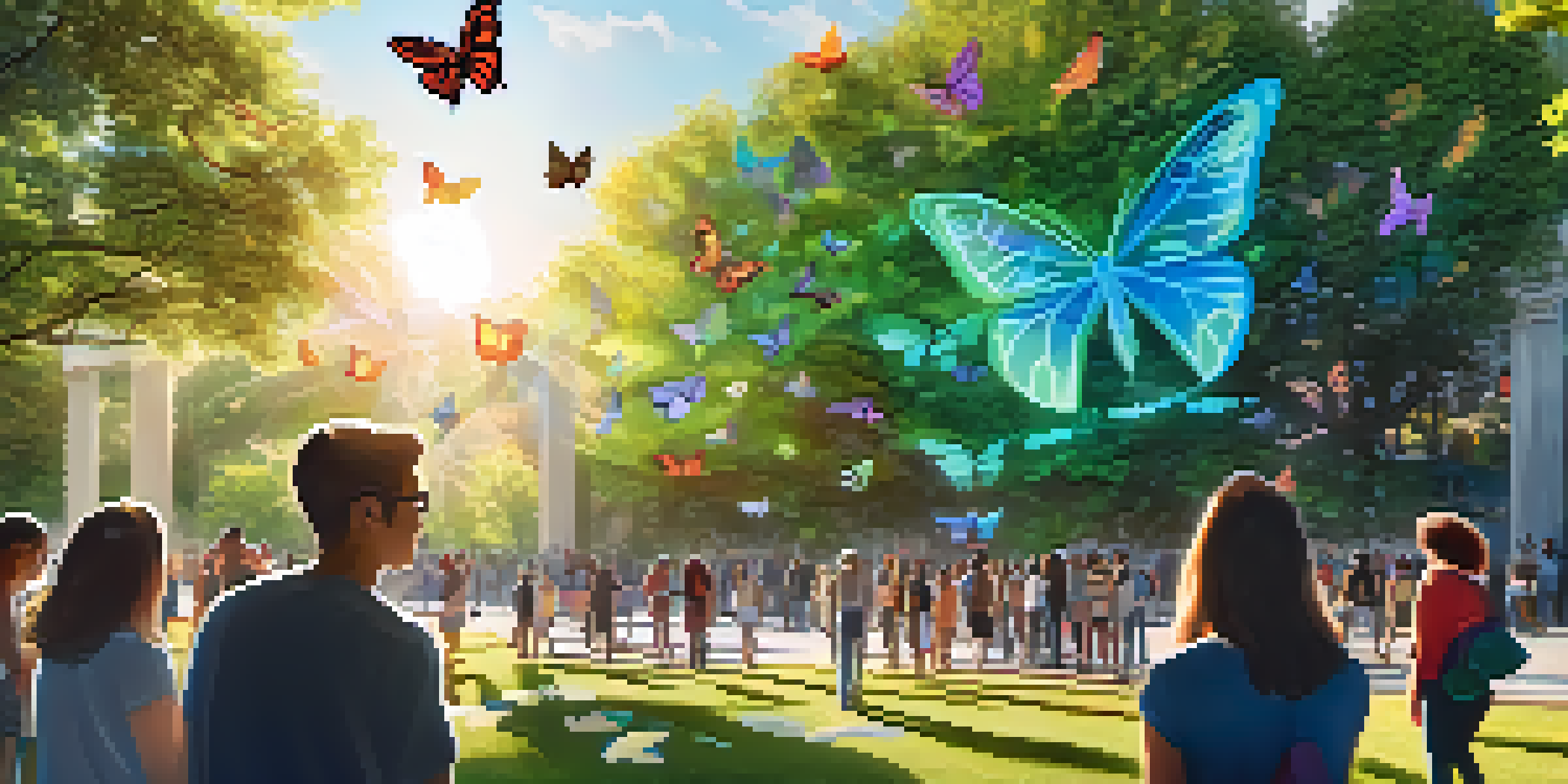 A lively urban park with people interacting with augmented reality art featuring colorful butterflies and a mural, illuminated by sunlight filtering through trees.