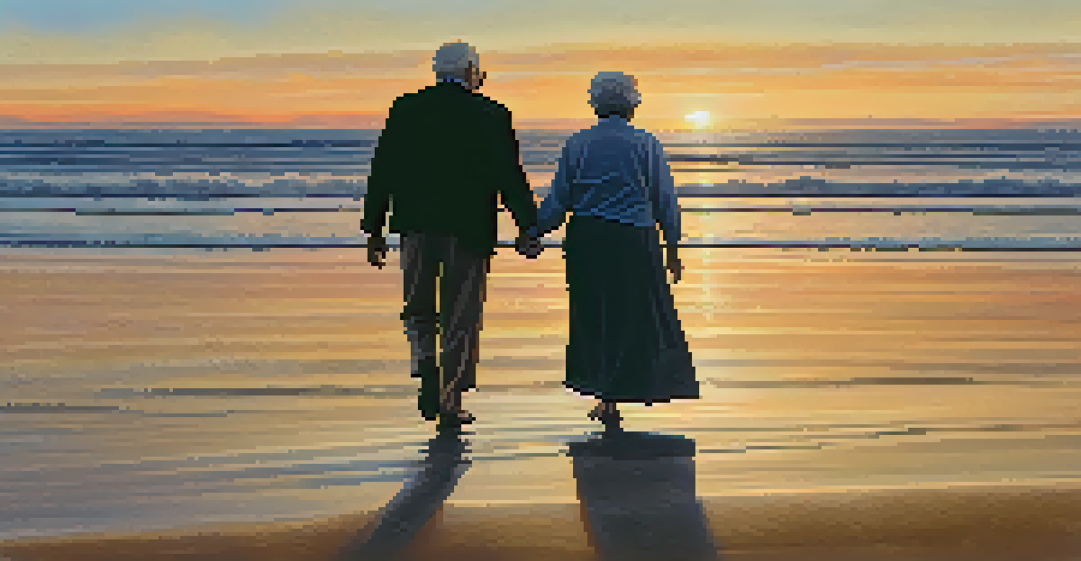 An elderly couple walking hand-in-hand on a beach at sunset, with colorful sky and gentle waves in the background.