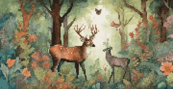 A colorful hand-drawn illustration of a forest scene with animals and plants, showcasing vibrant colors and a warm atmosphere.