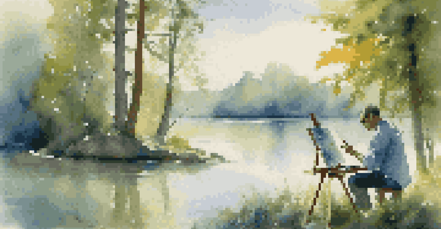 An artist painting a scenic lake landscape in nature.