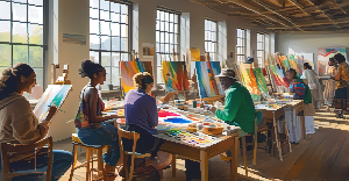 A diverse group of individuals in an art workshop, painting and supporting each other with bright natural light illuminating the room.