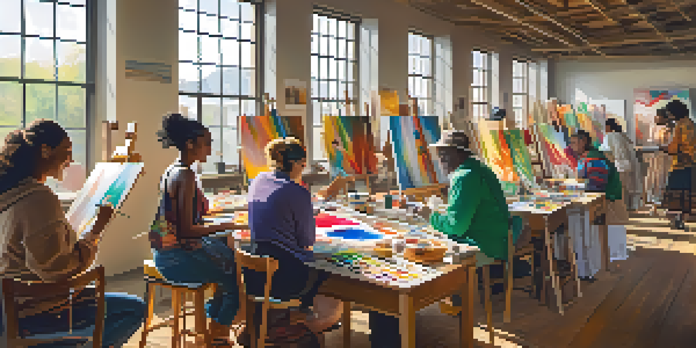 A diverse group of individuals in an art workshop, painting and supporting each other with bright natural light illuminating the room.