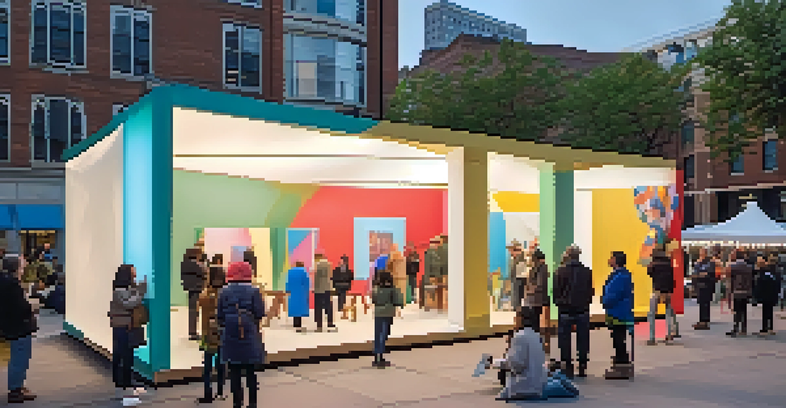 A temporary art installation made of recycled materials in an urban plaza, with people engaging and taking photos around it.