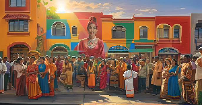 A colorful mural in an urban setting showing a diverse community celebrating cultural heritage, with people interacting around it.