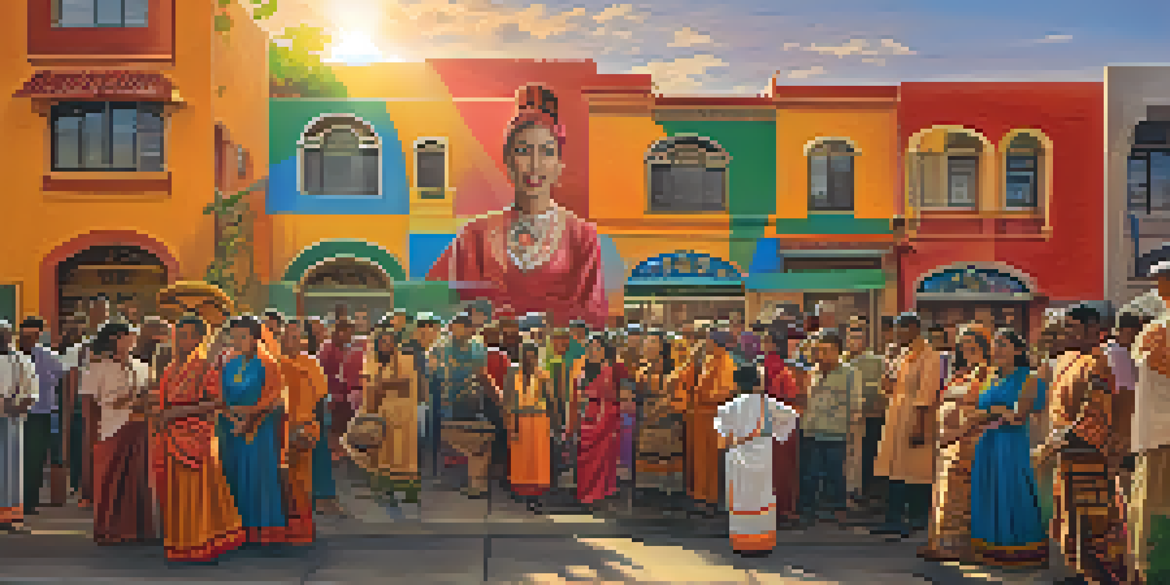 A colorful mural in an urban setting showing a diverse community celebrating cultural heritage, with people interacting around it.