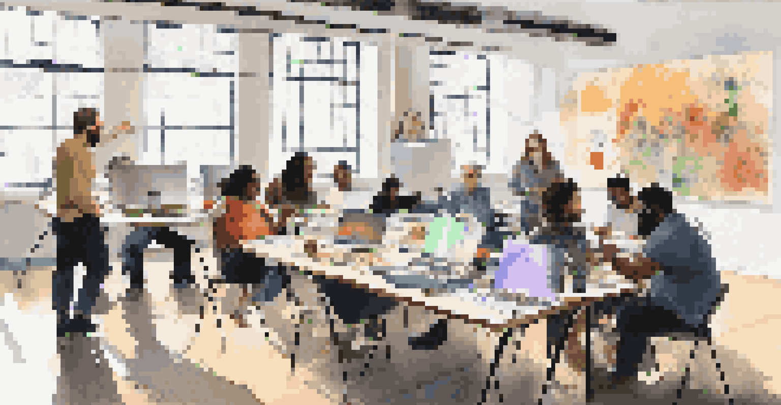A workshop scene with artists and critics discussing digital art preservation around a table with laptops and art tools.