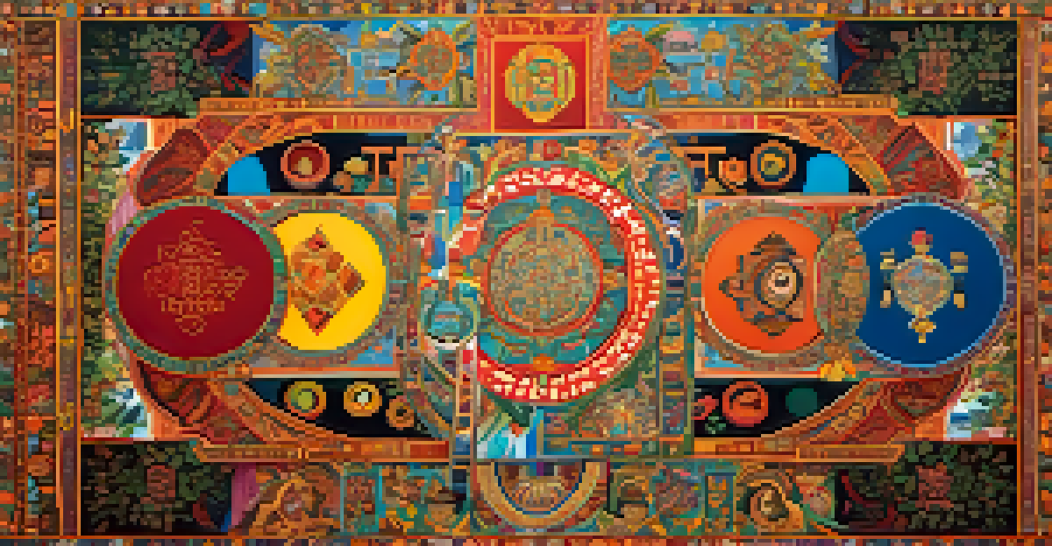 A colorful mural featuring different religious symbols from various cultures, illustrating unity and diversity in design.