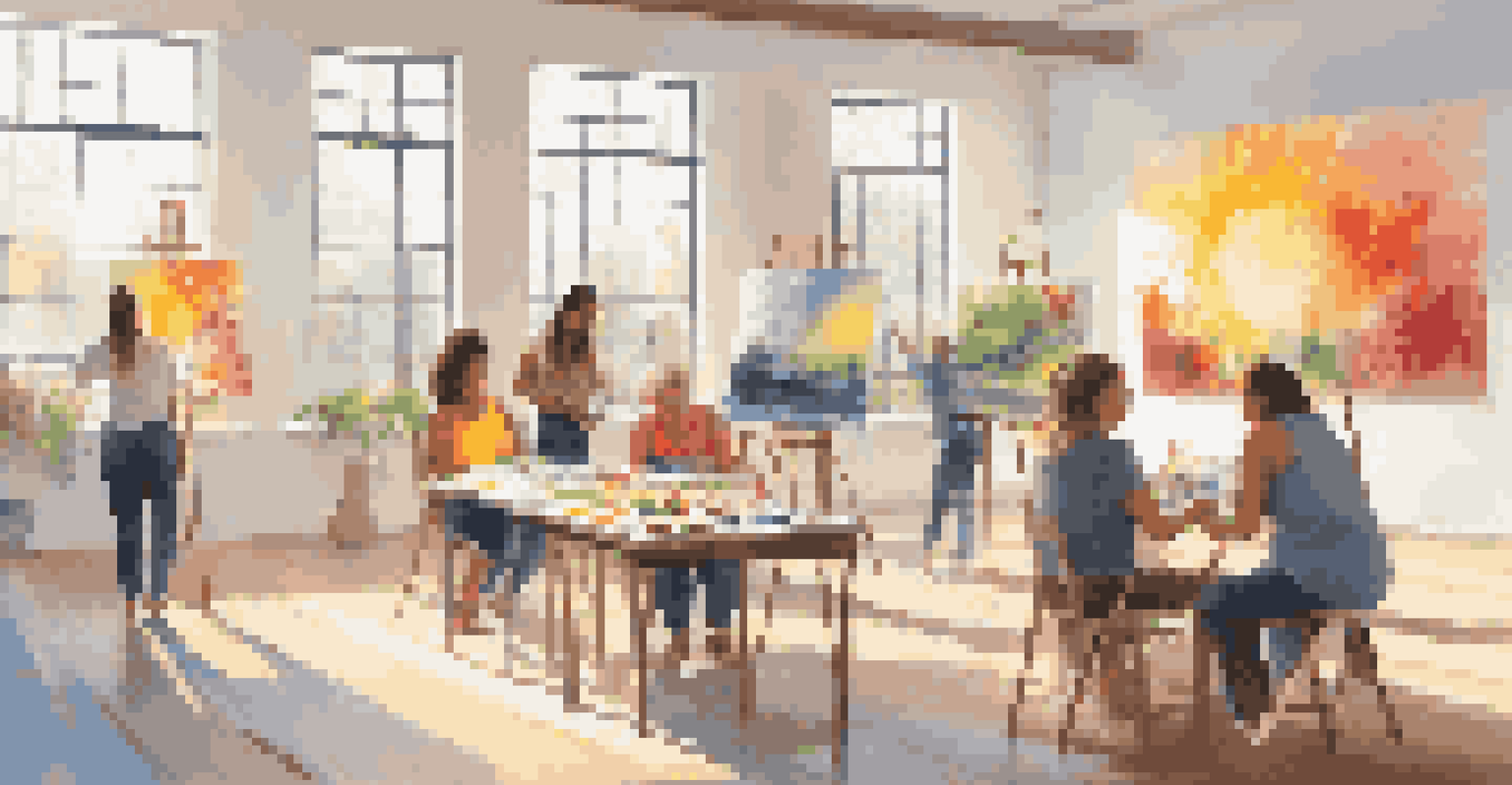 Individuals with disabilities engaged in an art therapy session, painting on canvases in a bright studio filled with colorful artwork.