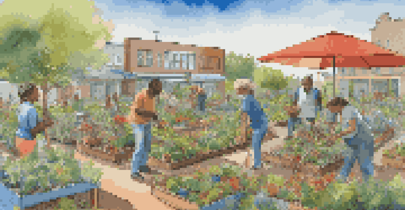 A vibrant community garden with eco-friendly sculptures, where residents collaborate on planting under a bright blue sky.